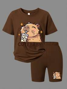 2pcs/Set Girls Casual Outfit, Cute Cartoon Bubble Tea Print Loose T-Shirt, Matching Capybara Embellished Cycling Shorts, Suitable For Daily Wear, Summer - Brown - View 2