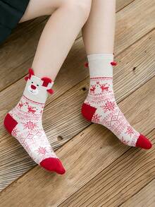 6 Pairs Women's Christmas Santa, Snowman, Reindeer Red Mid-Calf Socks, Suitable For Christmas Outfit - Multicolor - View 4