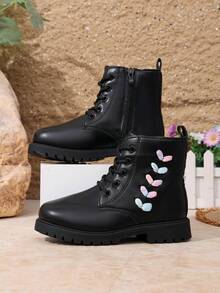 Girls' Boots, Autumn/Winter New Style Black Boots With Colorful Embroidery, Side Zipper, Non-Slip Thick Sole, Children's Ankle Boots - Black - View 2