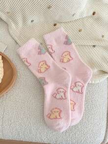 3/5 Pairs Random Assorted Women's Cute Pink Fleece Socks, Striped Sweet Winter Comfortable Warm Fuzzy Socks, Sleep Floor Socks, Cute Preppy Style, Suitable For Home, Gift, Party - Multicolor - View 7