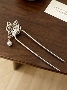 1pc French Style Metal Hollow Butterfly U-Shaped Hair Pin With Green Oil-Drip Textured Pearl Pendant, Bridal Banquet Back-Of-Head Updo Hair Accessory - Multicolor - View 6