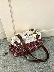 Dedoo 格紋女款 Hobo 肩背包，布料蕾絲拼接 PU 揹帶，金屬鉚釘 D 型環，大容量，復古森林風，適合日常通勤旅行 - 酒紅色 - 查看 6