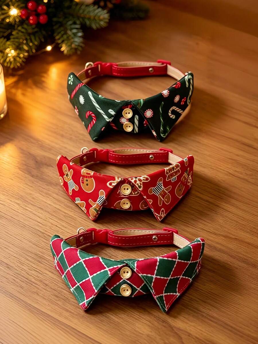 Christmas Adjustable Pet Collar, Suitable For Cats And Small Dogs, British Style Christmas Gingerbread Man Plaid Pattern, Pet Christmas Gift, Pet Holiday Party Outfit - Multicolor - View 1