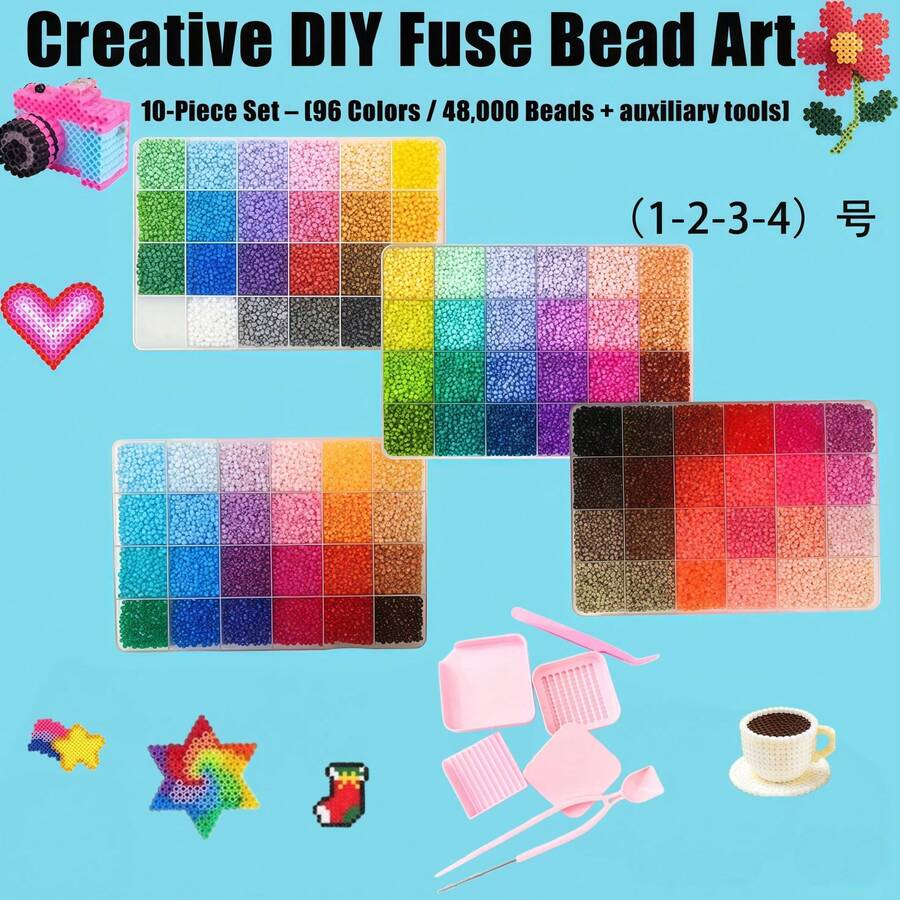 96 Warna/48.000 Buah Manik-manik Perler dan Set Peralatan. Pinset, Sendok, Pemisah, Kit Bahan Pembuatan Perhiasan Seni Piksel, Sangat Pas. Bahan Kreatif Manik-manik Fusion DIY Buatan Tangan