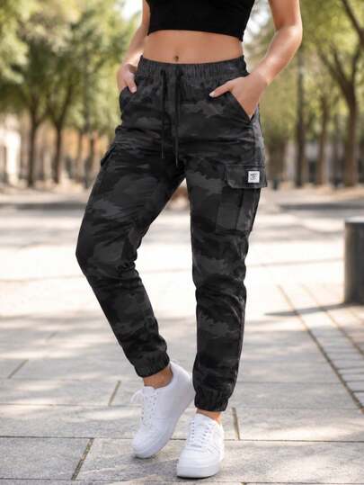 Women's Athleisure Camo Cargo Pants, Y2K High Waisted Pocket Joggers For Streetwear Sports Fall