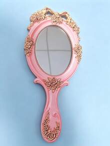 Cross-Border Hot-Selling Wooden Printed Hand Mirror, Printed Not Carved, European Vintage Handle Mirror, Handheld Mirror, Oval Hotel Photo Prop, Ancient Style Baroque Mirror, Wooden Printed, Printed, Holiday Decoration, Gift For Friends, Home Decor, Ornament - 1PC - View 9