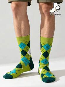 1 Pair Cute Cat Pattern Socks, Green Background With Colorful Heart And Floral Design, Casual Mid-Calf Socks, Unisex - Multicolor - View 5