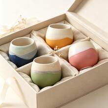 4pcs Ceramic Tea Cup Set - Japanese Pottery Coffee Cups With Gift Box, Modern Wabi-Sabi Style Art Cups, Suitable For Tea, Coffee, Latte, Cappuccino - Elegant Gift For Birthday, Wedding, Housewarming (Multi-Color) - Multicolor - View 8