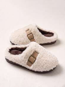 Women's Solid Color Slip-On Thermal Lined Anti-Slip Flat Fashion Versatile Home Slippers Suitable For Autumn/Winter - White - View 11