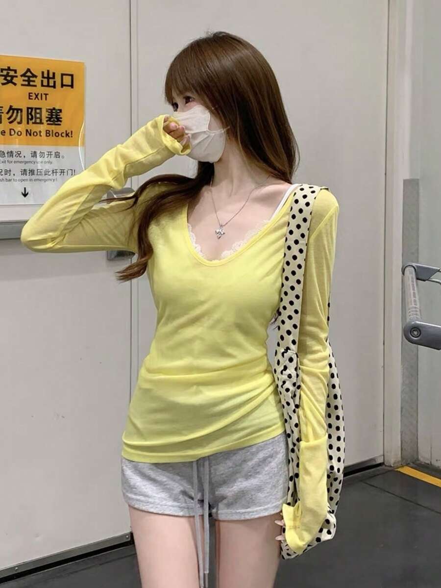 春夏V領防曬分層穿搭百搭長袖T恤女款上衣,歐夏黃 - 黃色 - 查看 1