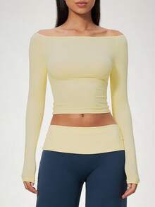 NcmRyu Women's 1pc Solid Color Off-Shoulder Base Layer Top, Fashionable Versatile Slim Fit Soft Stretchy Athletic Top, Autumn/Winter - Yellow - View 5
