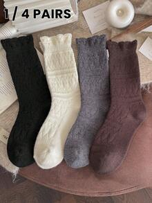 1/4 Pair Women Mid-Calf Socks Multi-Color Double Needle Wool Socks Autumn Winter Warm Vintage Style Fashion Versatile Mid-Calf Socks - Multicolor - View 1