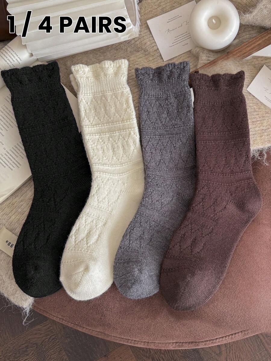 1/4 Pair Women Mid-Calf Socks Multi-Color Double Needle Wool Socks Autumn Winter Warm Vintage Style Fashion Versatile Mid-Calf Socks - Multicolor - View 1
