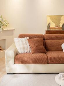 1pc Soft Cotton Velvet Solid Color Sofa Cover, Elastic Stretch Fit, All-Season Warm & Comfortable Minimalist Ins Style Pet-Friendly Non-Slip Elastic Washable Sofa Slipcover, Suitable For L-Shaped 1/2/3/4 Seater Sofa In Living Room, Bedroom, Study - Khaki - View 8