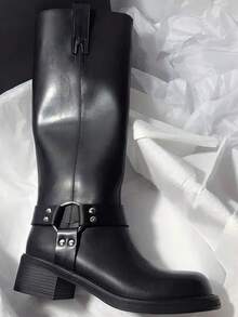 女款方頭粗跟側拉鍊休閒拼接麂皮修身極簡高跟長靴 - 黑色 - 查看 7