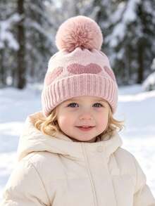 1pc Winter Knitted Hat, Cute Heart Pattern Pom Pom Beanie, Soft Warm Ribbed Cuff Knit Cap For Girls And Boys, Suitable For Outdoor Cold Weather, Fits 0-2 Years Old - Multicolor - View 4