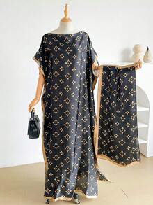 1 Set Faux Silk Minimalist Premium Geometric Floral Print Long Robe Set For Women, Beach Cover-Up Sun Protection Pullover Shawl With Satin Scarf, Perfect For Layering And Daily Wear - Multicolor - View 6
