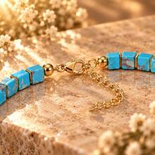 Bohemian Style Sky Blue Textured Square Bead Bracelet, Gold Spacer Adjustable Extension Chain Design, Prosperity Theme Symbolizing Attracting Wealth, Abundance And Good Luck, Fashionable Elegant Minimalist Versatile Daily Jewelry, Suitable For Commuting, Casual Wear And Holiday Gifts - Multicolor - View 2