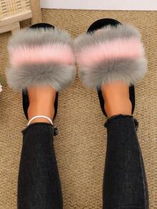 1 Pair Women's Contrast Color Long Plush One-Strap Indoor Comfortable Soft Sole Fuzzy Slippers - Pink - View 5