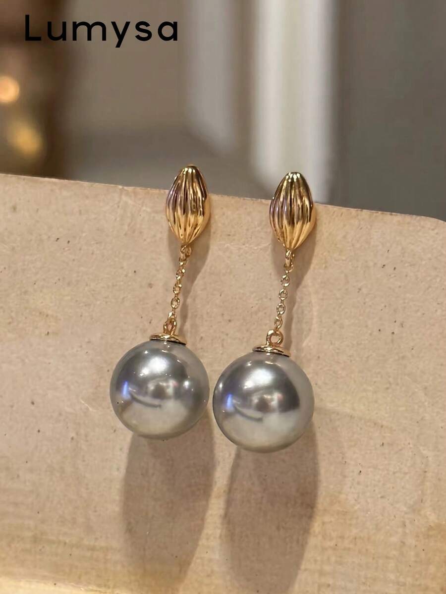 1 Pair Fashionable Exquisite Geometric Tassel Grey Faux Pearl Earrings Suitable For Women's Daily And Party Wear - Yellow Gold - View 1
