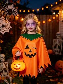 Halloween Pumpkin Print Parent-Child Cape Set, Green Jagged Collar, Holiday Party Costume - Multicolor - View 3