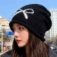 1pc Elegant Cute Bow Acrylic Fine Fleece New Style Knitted Beanie Hat For Women, Large Head Circumference, Warm Ear Protection Slouchy Hat, Spring Autumn Winter - One Size Fits All - View 3