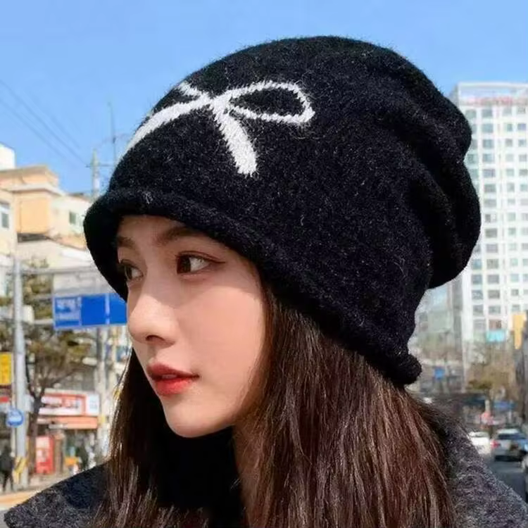 1pc Elegant Cute Bow Acrylic Fine Fleece New Style Knitted Beanie Hat For Women, Large Head Circumference, Warm Ear Protection Slouchy Hat, Spring Autumn Winter - One Size Fits All - View 3