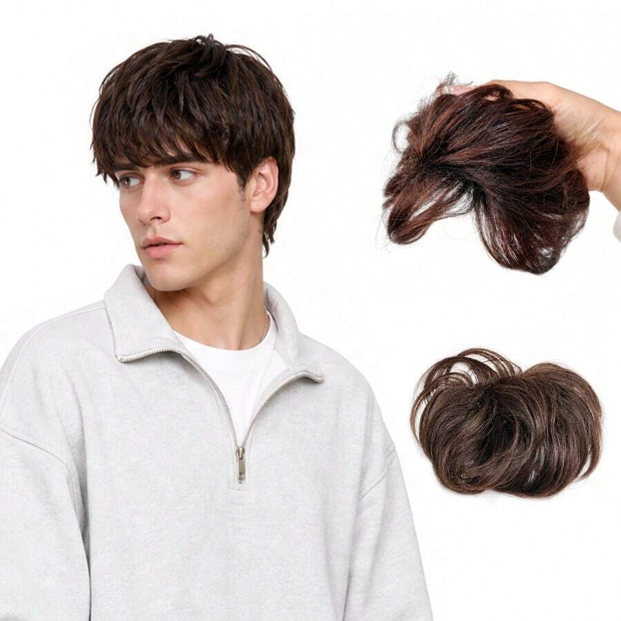 1pc Fashion Men's Dark Brown Fluffy Wig With Bangs, Increased Hair Volume - Heat Resistant, Breathable, Natural Looking Synthetic Hair, Suitable For Casual Wear And Daily Use - Easy To Style