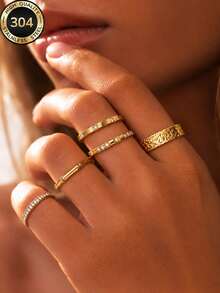 5pcs/Set 18k Gold Plated Women's Minimalist Luxury Stackable Rings, Durable For Daily Wear, Halloween/Christmas Holiday Gift - Gold - View 4