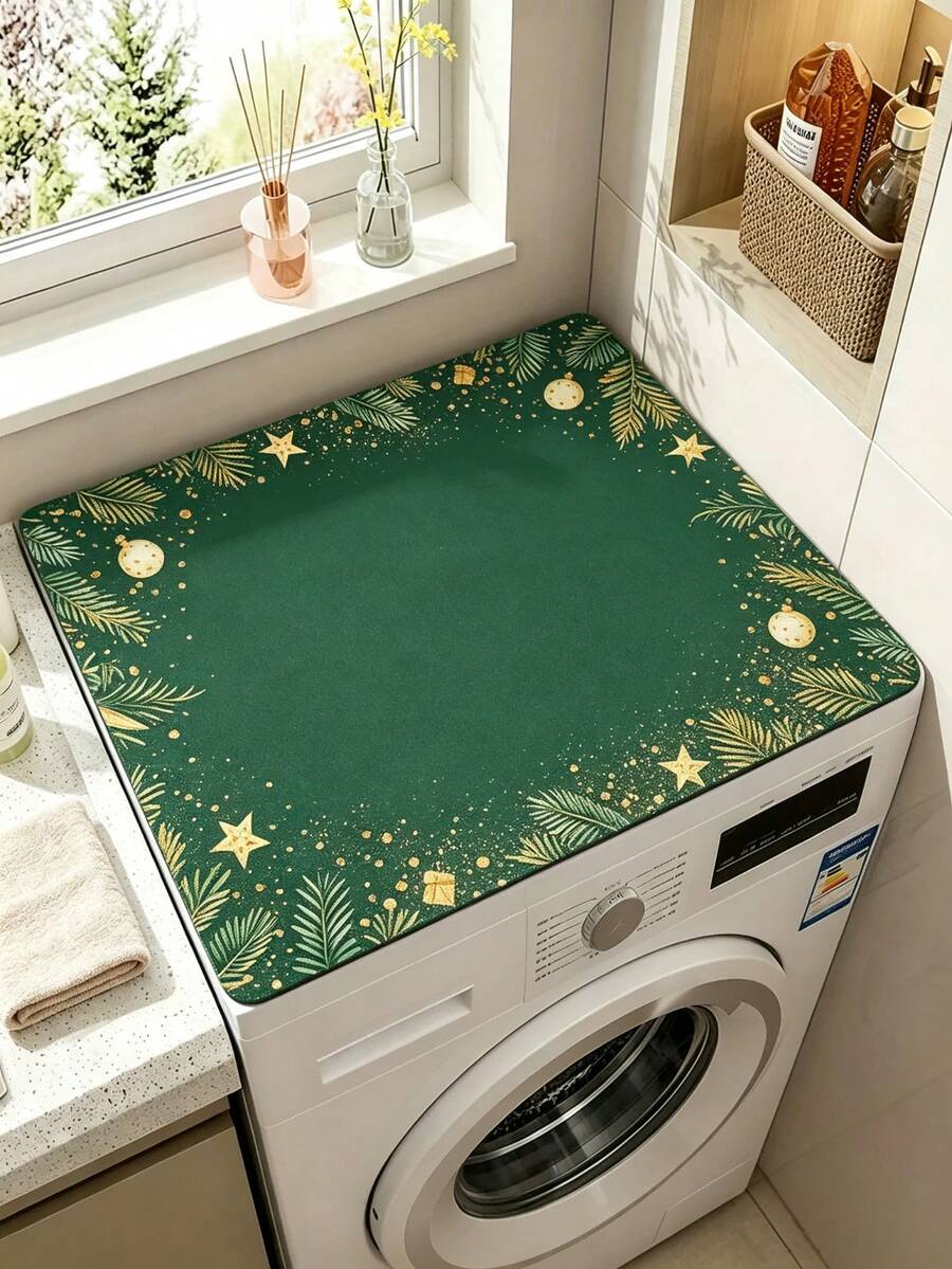 1pc Green Christmas Diatomaceous Earth Absorbent Mat, Washing Machine Pattern Top Cover Pad, Non-Slip Rubber Bottom, Quick-Dry Drainage Mat, Multi-Purpose Protective Pad For Washing Machine, Dryer, Refrigerator, Coffee Station, Modern Kitchen And Laundry Room Home Decor