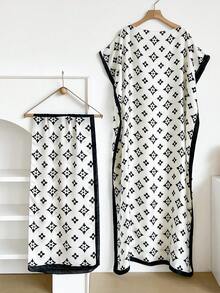 1 Set Faux Silk Minimalist Premium Geometric Floral Print Long Robe Set For Women, Beach Cover-Up Sun Protection Pullover Shawl With Satin Scarf, Perfect For Layering And Daily Wear - Multicolor - View 9