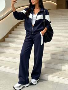 Women's Casual Sports Set, With Zipper And Pockets, Full Zip Sports Two Pieces Set, Winter Fashion Choice - Navy Blue and White - View 3