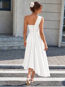 Women's Autumn Minimalist Elegant One-Shoulder Ruched Asymmetric Design Dress, Suitable For Party, Gathering, Holiday, Birthday Party, Work Commute, Office, Beach Vacation, Beach, Daily Wear, Outdoor Street Photography, Wedding Guest Outfit, Graduation Ceremony, Casual Outing - White - View 5