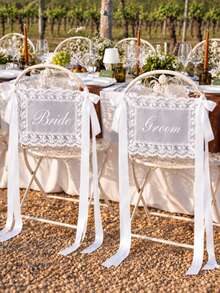 1 Set Bride & Groom/Wedding Chair Back Decor, Elegant Lace Chair Back Decoration With White Satin Ribbon, Romantic Outdoor Ceremony Reception Chair Cover, Country Garden Wedding Bride Table Decor, Wedding Party/Sweetheart Table Party Decoration, Aesthetic - View 19
