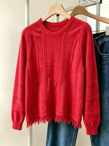 Autumn/Winter Design Tassel Hem Round Neck Knit Top Loose Casual Long Sleeve Sweater - Red - View 1