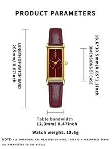 1pc Women's Minimalist Vintage Style Watch, Elegant Rectangular Dial, Waterproof, Luxury Quartz Watch, Suitable For Halloween, Christmas - Burgundy - View 3