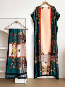 1 Set Faux Silk Minimalist Premium Horse Pattern Print Long Robe Set For Women, Beach Cover-Up Sun Protection Pullover Shawl With Satin Scarf, Perfect For Layering And Daily Wear - Multicolor - View 7