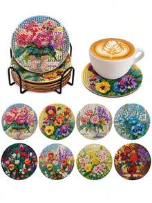 8-Piece Set Of Diamond Painted Coasters, Diamond Painted Coasters With Stand, Diamond Painted Crafts Set, Adult Mosaic DIY Full Diamond Set - A - View 1