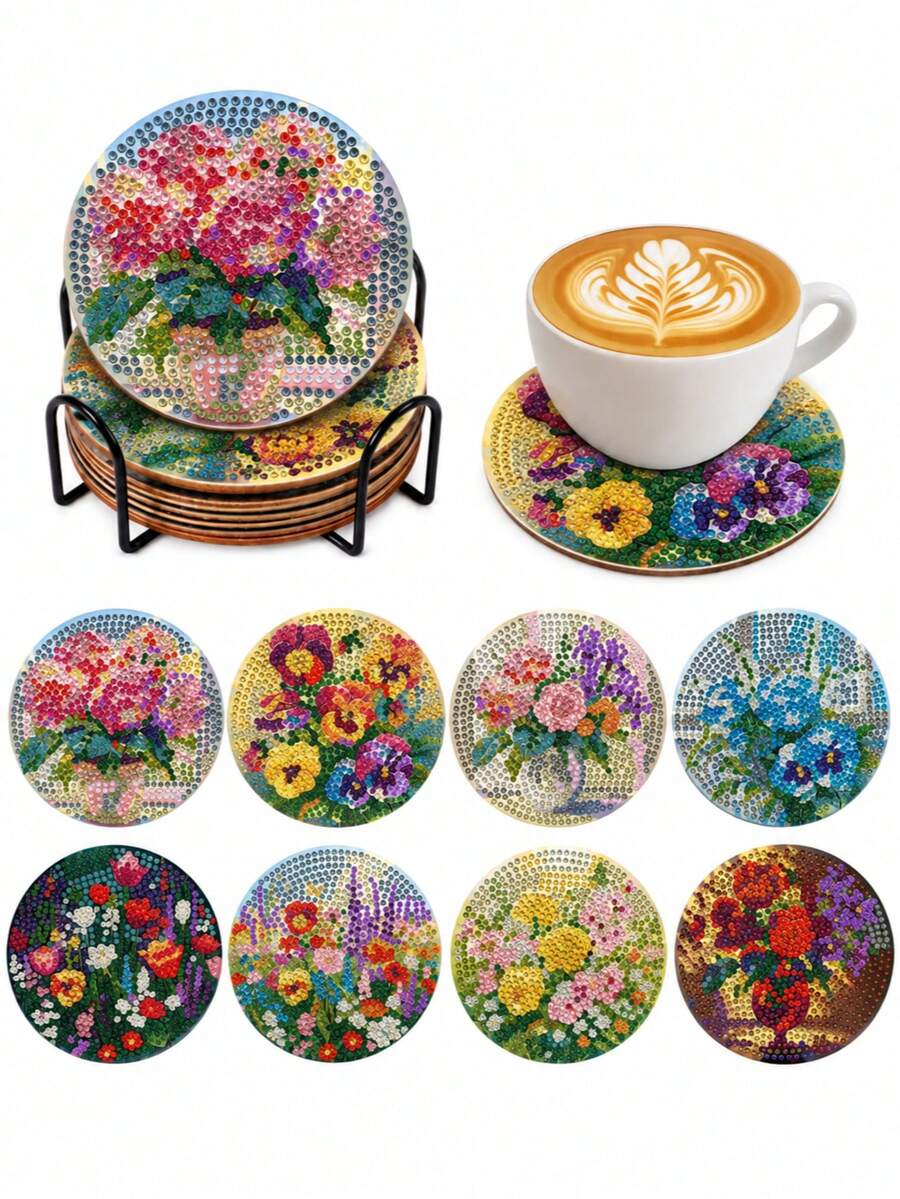 8-Piece Set Of Diamond Painted Coasters, Diamond Painted Coasters With Stand, Diamond Painted Crafts Set, Adult Mosaic DIY Full Diamond Set - A - View 1
