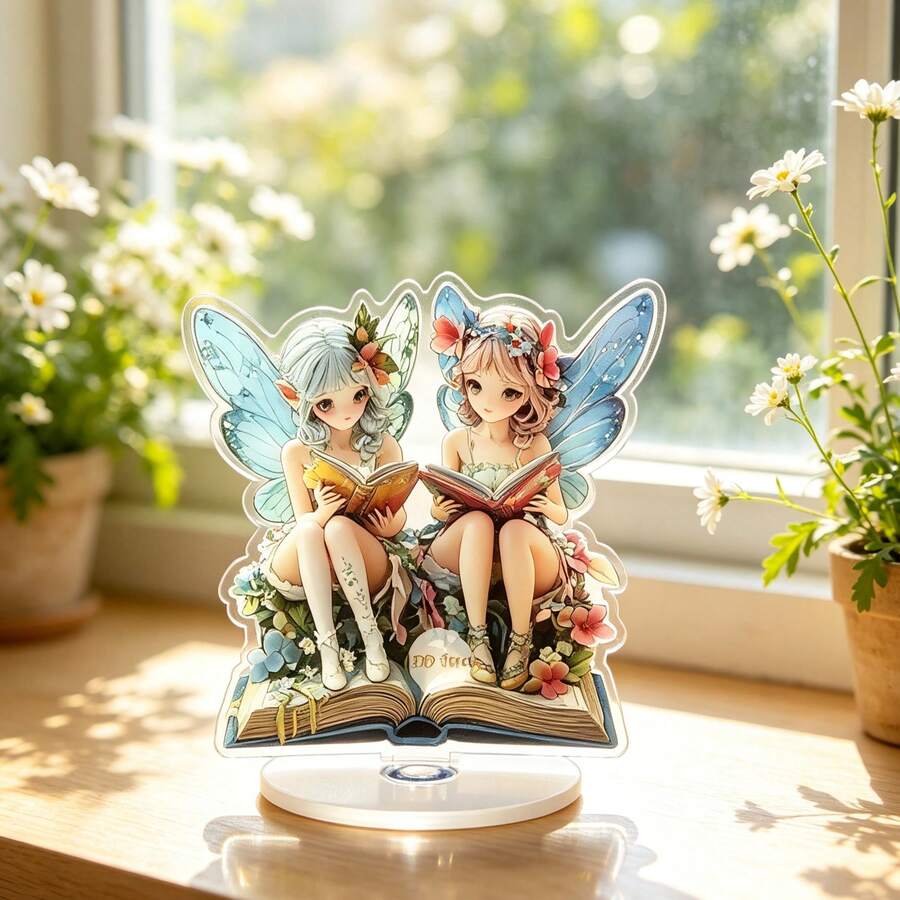 2D Flat Acrylic Fairy Desktop Ornament, Double Fairies With Butterfly Wings Reading, Waterproof Acrylic Decor, Fantasy Home Decor And Gift - A - View 1