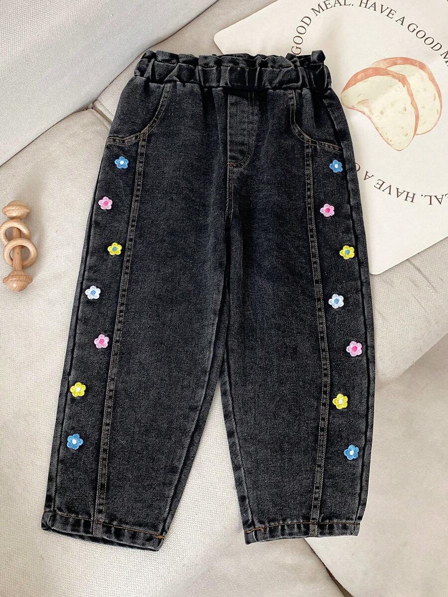 Celana Jeans Denim Washed Motif Bunga Bordir Musim Semi/Gugur untuk Anak Perempuan, Celana Panjang Kasual Elegan Longgar dengan Pinggang Elastis - MultiWarna - View 1