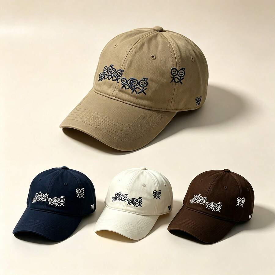 1pc Cartoon Little People Embroidered Dad Cap, Beige Lightweight Adjustable Baseball Hat, Headwear For Outdoor Vacation & Daily Wear