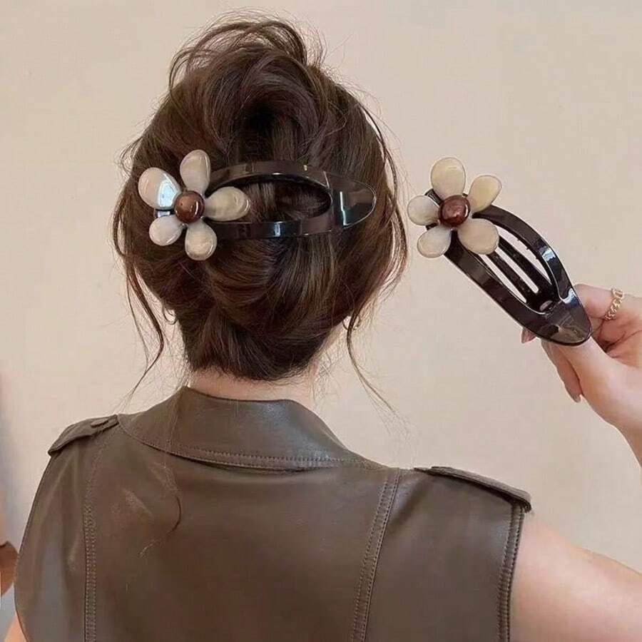 Large Flower Alligator Hair Clip For Women, Comfortable Non-Snagging Back Of Head Hair Accessory, Elegant New Style Straight Claw Clip - Multicolor - View 1