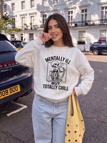 Women's Long Sleeve Crew Neck Knit Pullover Sweatshirt, Ribbed Details, Autumn Street Casual Fashion Outfit - White - View 4
