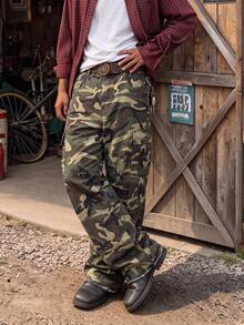 Men 100% Cotton Camo Print Wide‑Leg Cargo Pants, Raw‑Edge Hem Multi‑Pocket Baggy Streetwear Trousers (Pants Do Not Include A Belt) - Army Green - View 2