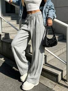 Women's High Waist Drawstring Wide Leg Sports Pants, 2 Pairs, Vertical Stripe, Loose Straight Leg, Casual Athletic Long Pants With Pockets - Grey - View 4