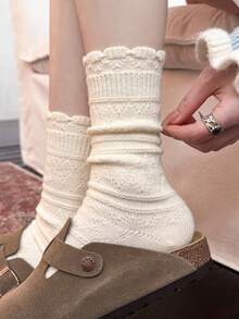 1/4 Pair Women Mid-Calf Socks Multi-Color Double Needle Wool Socks Autumn Winter Warm Vintage Style Fashion Versatile Mid-Calf Socks - Multicolor - View 3