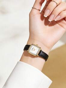 1pc Women Square Retro Quartz Watch, Two-Tone Gold & Silver Case, White Dial, Black Litchi PU Strap, Wristwatch For Daily & Gifting - Black - View 7