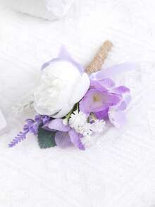 1pc Handmade Wedding Boutonniere For Men, White Rose & Purple Hydrangea Artificial Groom Lapel Pin, Buttonhole For Wedding Prom Anniversary - Multicolor - View 8
