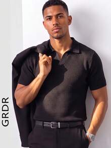 GRDR Men's Solid Color Waffle Knit Polo Shirt With Collar, Short Sleeve, Lightweight Casual Top - Black - View 4